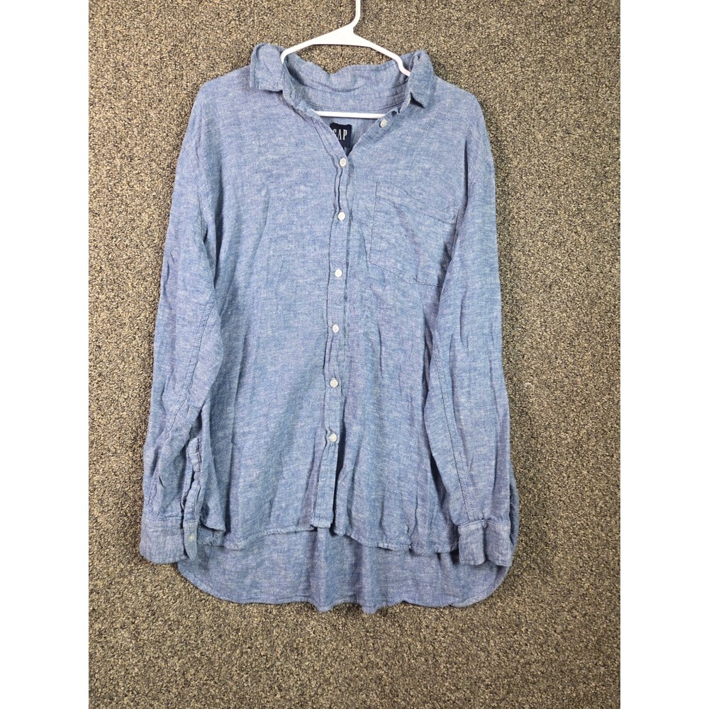 Gap Button Up Shirt Mens XXL Blue Linen Rayon Blend Long Sleeve Pocket